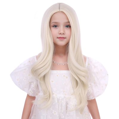 DUDUWIG White Blonde Wig for Child Gilrs Long Platinum Blonde Middle Part Wig Kids Long Light Blonde Wavy Curly Wig Heat Resistant Synthetic Wig with Wig Cap