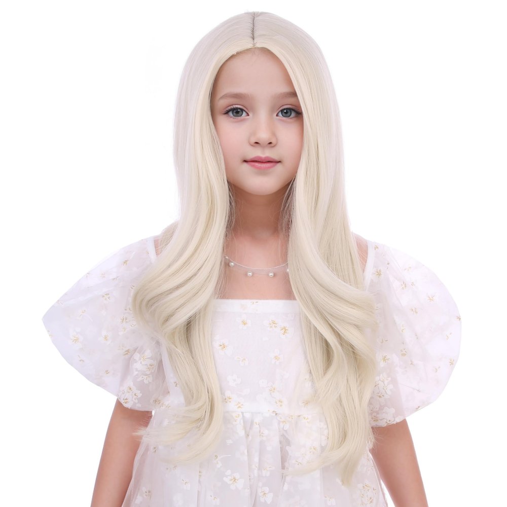 DUDUWIG White Blonde Wig for Child Gilrs Long Platinum Blonde Middle Part Wig Kids Long Light Blonde Wavy Curly Wig Heat Resistant Synthetic Wig with Wig Cap