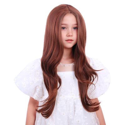 DUDUWIG Ginger Orange Wig for Kids Gilrs Long Ginger Middle Part Wig Child Long Dark Orange Wavy Curly Wigs Heat Resistant Synthetic Hair with Cap