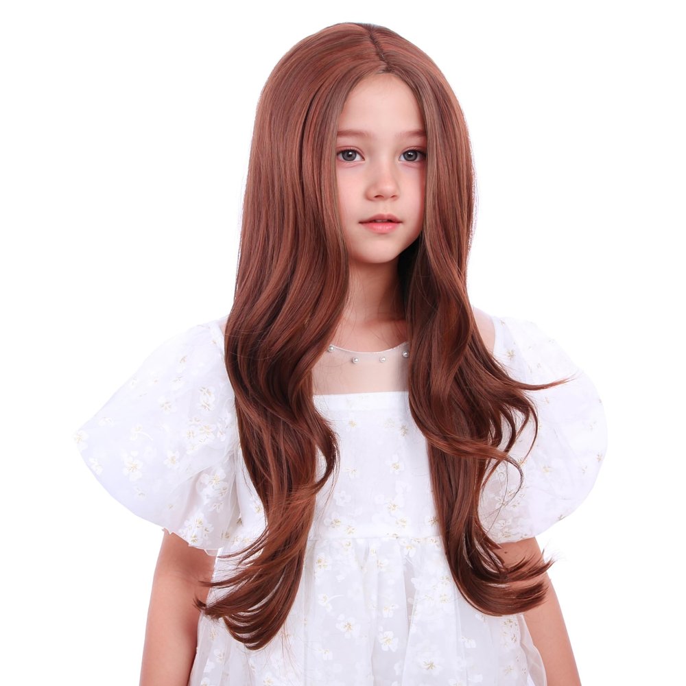 DUDUWIG Ginger Orange Wig for Kids Gilrs Long Ginger Middle Part Wig Child Long Dark Orange Wavy Curly Wigs Heat Resistant Synthetic Hair with Cap