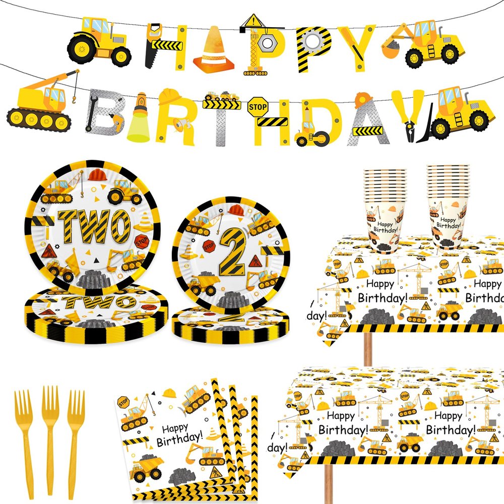 118pcs Construction 2nd Birthday Decor Construction Two Years Old Paper Dinner Plates Napkins Forks Cups Tablecloth Banner Dinnerware for Dump Truck Theme 2nd Bday Party Supplies Decorations