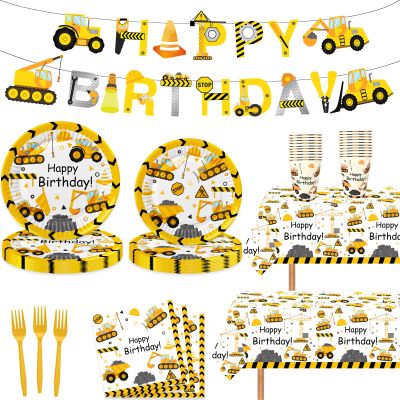 118 Pcs Construction Birthday Party Decorations Dump Truck Paper Plates Napkins Forks Cups Tablecloth Banner Dinnerware for Construction Baby Shower 1st 2nd 3rd 4th Birthday Party Supplies
