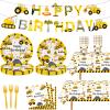 118 Pcs Construction Birthday Party Decorations Dump Truck Paper Plates Napkins Forks Cups Tablecloth Banner Dinnerware for Construction Baby Shower 1st 2nd 3rd 4th Birthday Party Supplies view 1