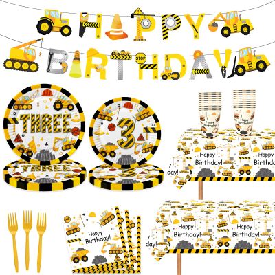 118 Pcs Construction 3rd Birthday Decor Construction Three Years Old Paper Dinner Plates Napkins Forks Cups Tablecloth Banner Dinnerware for Dump Truck Theme 3rd Bday Party Supplies Decorations