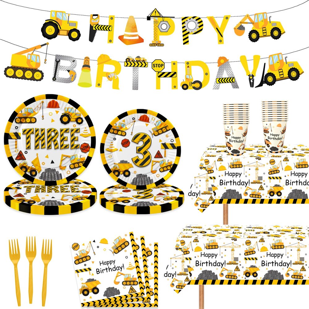 118 Pcs Construction 3rd Birthday Decor Construction Three Years Old Paper Dinner Plates Napkins Forks Cups Tablecloth Banner Dinnerware for Dump Truck Theme 3rd Bday Party Supplies Decorations