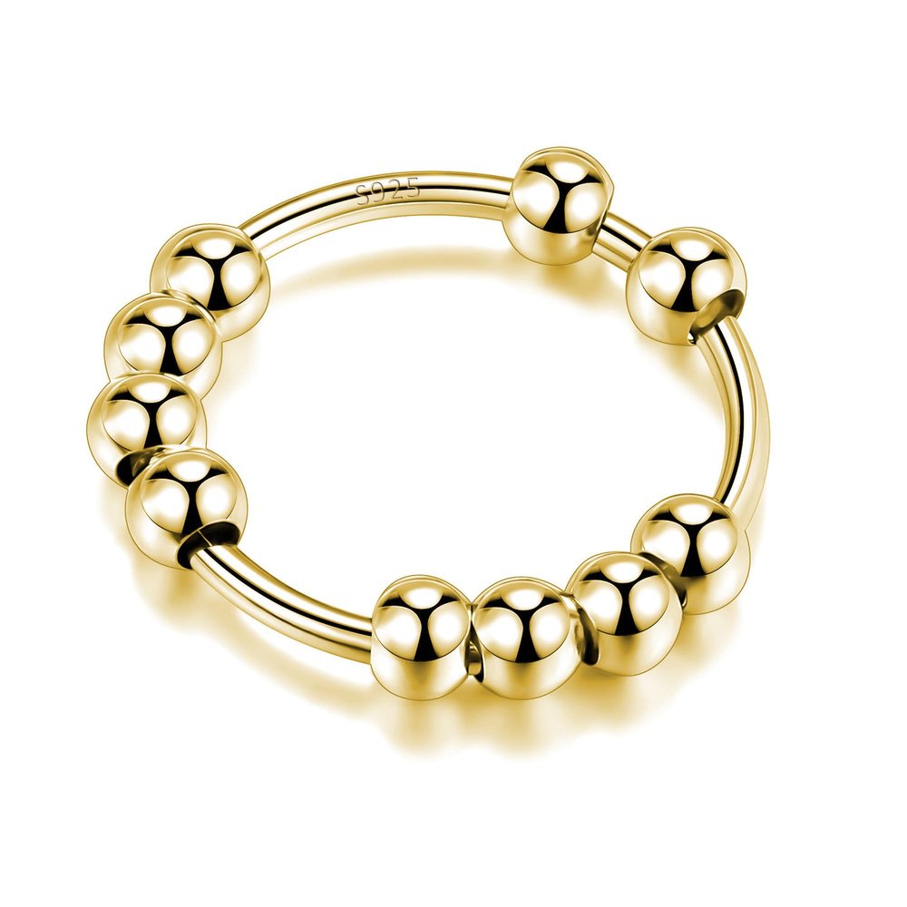 LOVECOM 925 Sterling Silver Anxiety Fidget with Beads Rings for Women Men Non Tarnish 14K Gold Plated Stress Relief Spinner Spinning Ring Releases Rotate Thumb Ring Valentines Jewelry Gifts