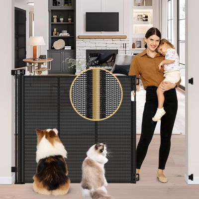 Reinforced 42" Extra Tall Pet Gate 55" Wide Retractable Baby Gate with Support Rods - Retractable Dog Gate Indoor/Outdoor Retractable Gate, Bottom Anti-Escape Tall Dog Gates for Doorways, Black
