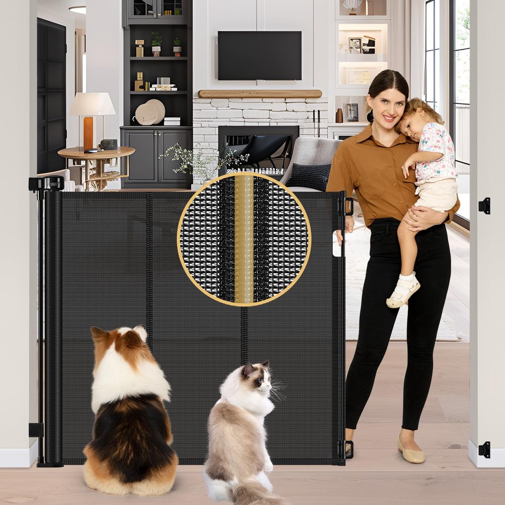 Reinforced 42" Extra Tall Pet Gate 55" Wide Retractable Baby Gate with Support Rods - Retractable Dog Gate Indoor/Outdoor Retractable Gate, Bottom Anti-Escape Tall Dog Gates for Doorways, Black