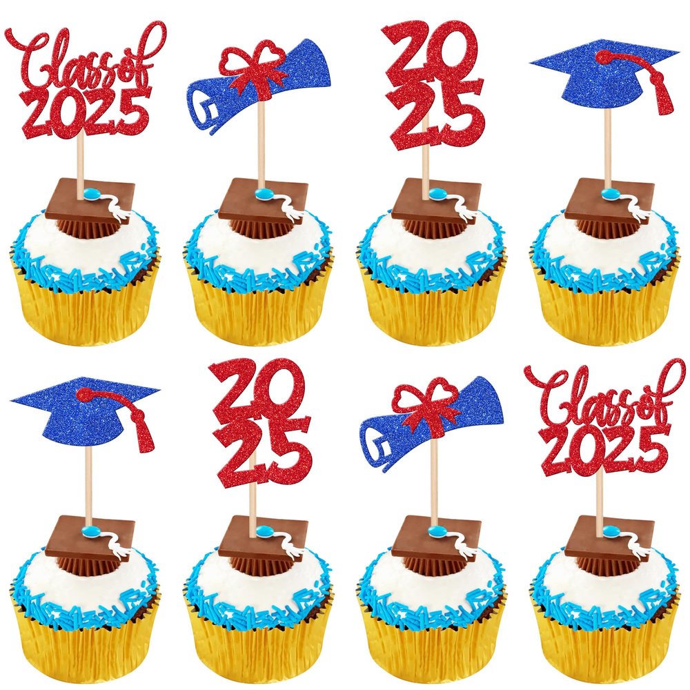 24 PCS 2025 Graduation theme Cupcake Toppers Glitter Congrats Grad Diploma 2025 Graduation Cap Cupcake Picks Class of 2025 Cake Decorations for 2025 Graduation Theme Party Supplies Blue Red