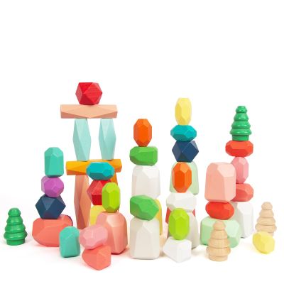 48 PCS Wooden Sorting Stacking Rocks Stones,Sensory Toddler Toys Learning Montessori STEM Toys, Building Blocks Game for Kids 3-6 Years Boy and Girl Birthday Gifts for Kids