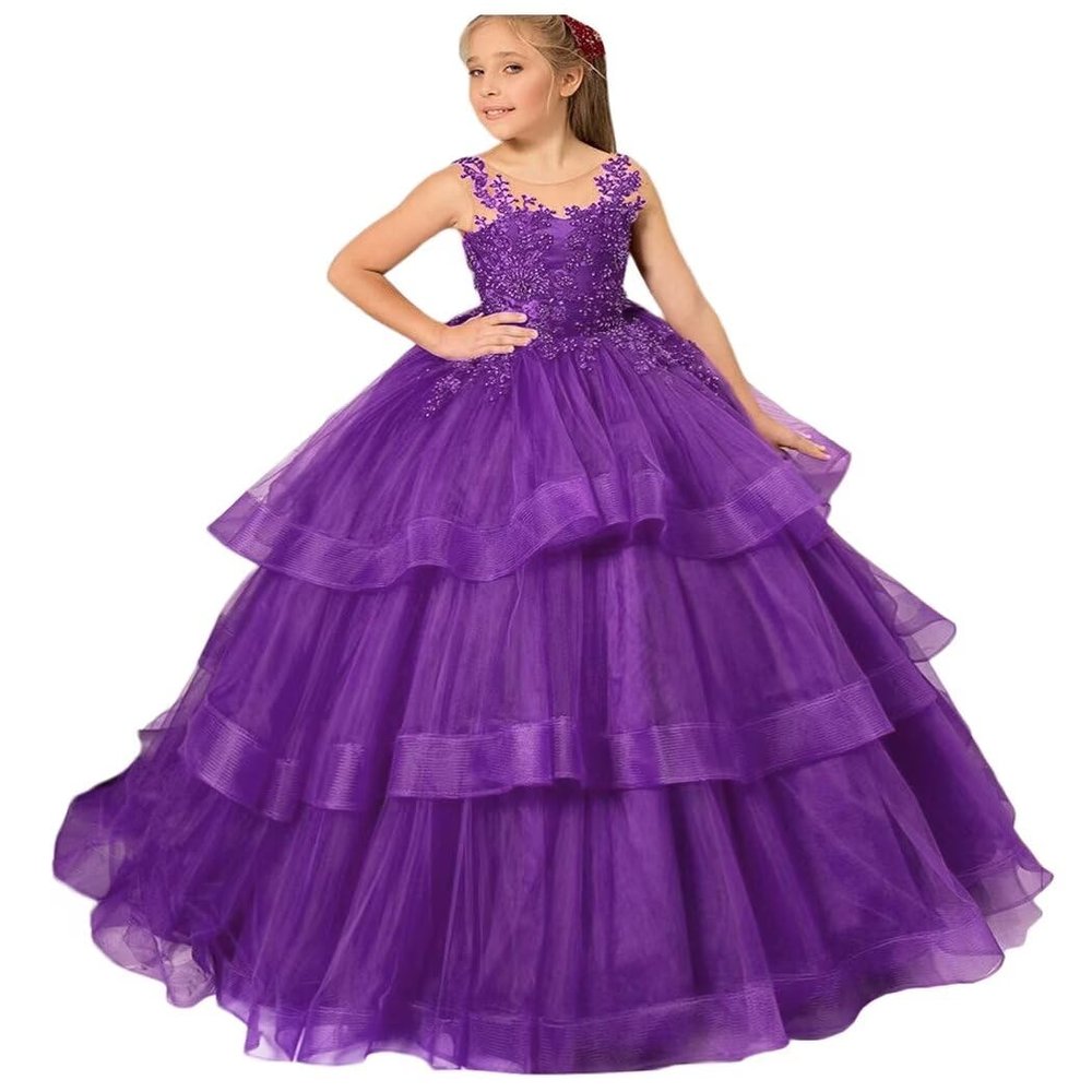 XEROGIA Scoop Tiered Christmas Princess Flower Girl Dress Appliques Kids Wedding Party Costumes US10