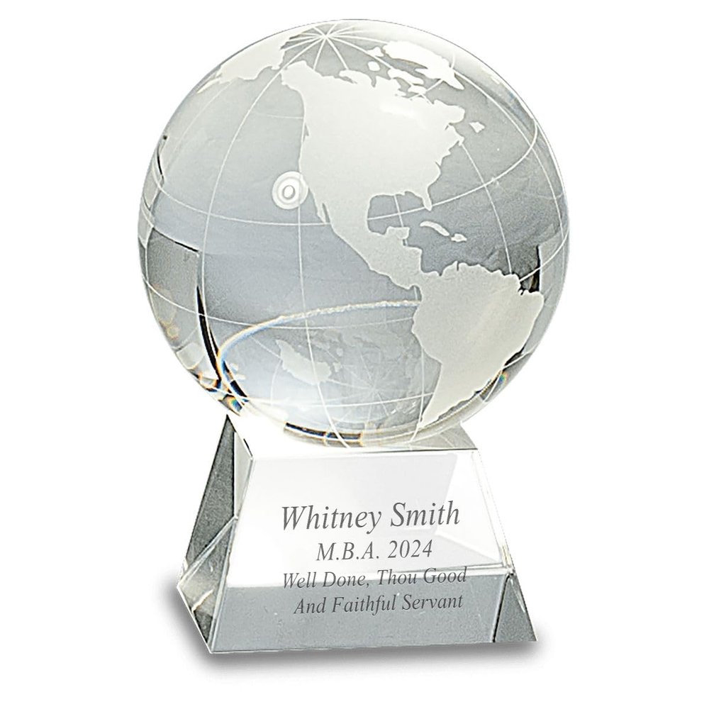 Executive Gift Shoppe | Clear Crystal Globe with Custom Engraved Pedestal Base - 4 1/2" Height