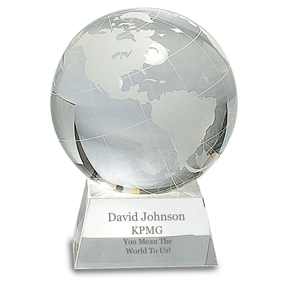 Executive Gift Shoppe | Clear Crystal Globe with Laser Engraved Pedestal Base - 5 1/2" Height