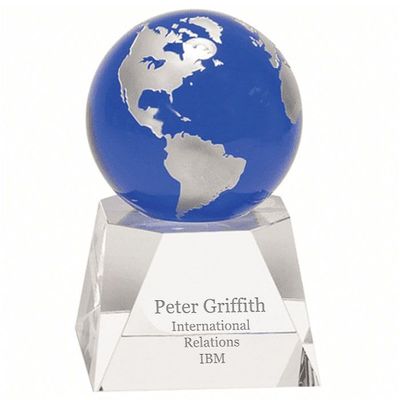Blue Crystal Globe With Personalized Pedestal Base - 6 1/2" Height