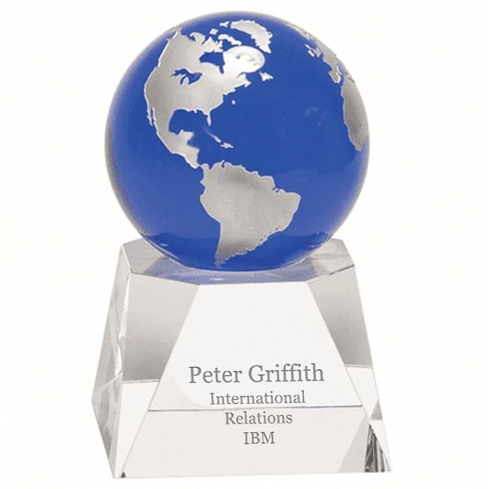 Blue Crystal Globe With Personalized Pedestal Base - 6 1/2" Height