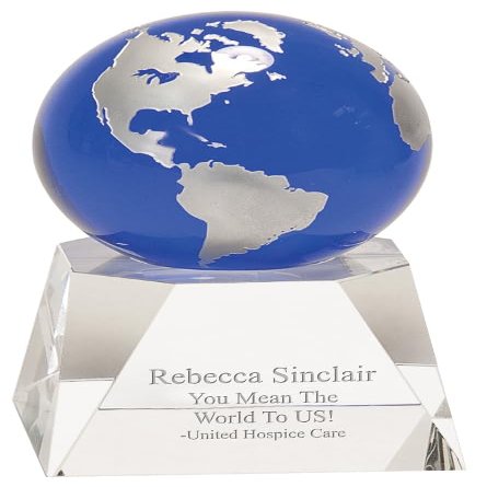 Blue Crystal Globe With Personalized Pedestal Base - 5" Height