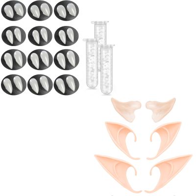 3 Pairs Elf Ears and 12 Pairs Vampire Fangs- Cosplay Fairy Pixie Elf Ears Soft Pointed Ears Tips Anime Party Dress Up Costume Makeup Masquerade Accessories Halloween Elven Vampire Fairy Ears