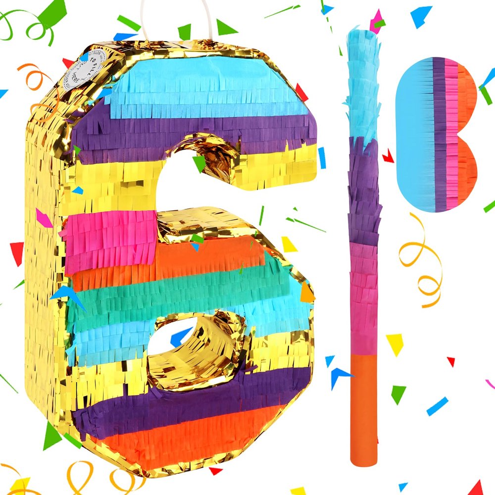 Adecortalk Rainbow Number 6 Pinata for 6th Birthday Party Decorations Fiesta Centerpieces Kids Anniversary Celebrations Birthday Party Supplies (16.1 x 10.6 x 3 Inches)