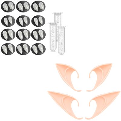 2 Pairs Elf Ears and 12 Pairs Vampire Fangs- Cosplay Fairy Pixie Elf Ears Soft Pointed Ears Tips Anime Party Dress Up Costume Makeup Masquerade Accessories Halloween Elven Vampire Fairy Ears