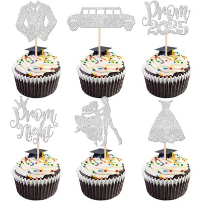 ZHUOWEISM 24 PCS 2025 Prom & Graduation Cupcake Toppers - Silver Glitter - Class of 2025 - 4 Designs - 24 Pieces