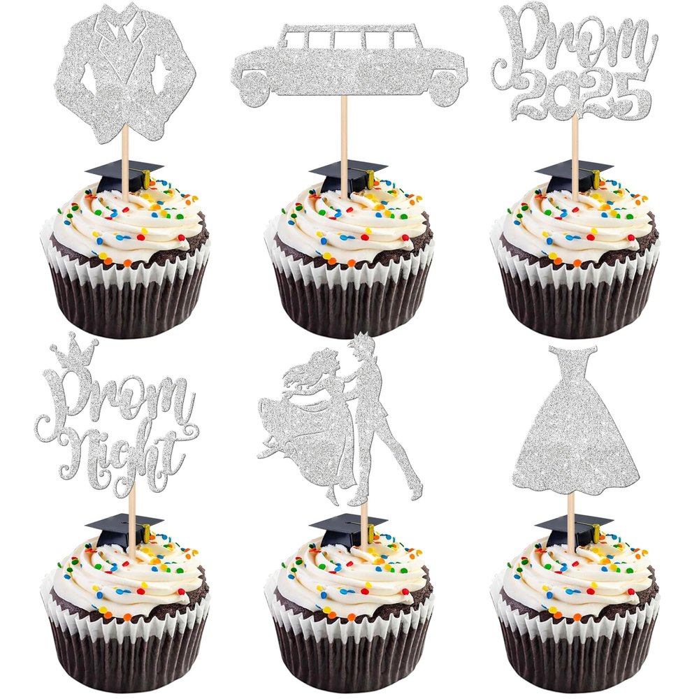 ZHUOWEISM 24 PCS 2025 Prom & Graduation Cupcake Toppers - Silver Glitter - Class of 2025 - 4 Designs - 24 Pieces