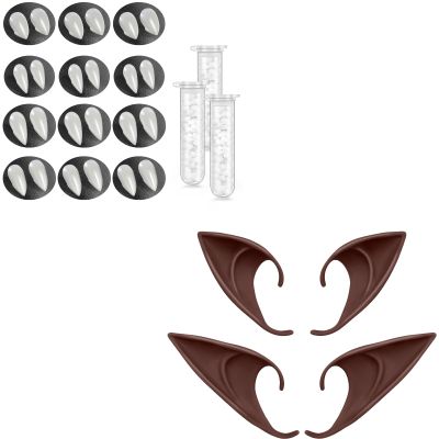 2 Pairs Brown Elf Ears and 12 Pairs Vampire Fangs- Cosplay Fairy Pixie Elf Ears Soft Pointed Ears Tips Anime Party Dress Up Costume Makeup Masquerade Accessories Halloween Elven Vampire Fairy Ears
