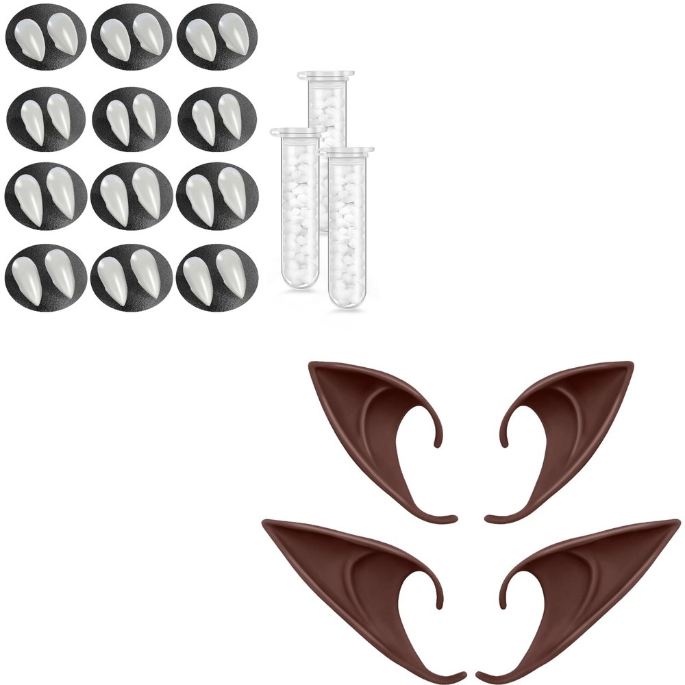 2 Pairs Brown Elf Ears and 12 Pairs Vampire Fangs- Cosplay Fairy Pixie Elf Ears Soft Pointed Ears Tips Anime Party Dress Up Costume Makeup Masquerade Accessories Halloween Elven Vampire Fairy Ears