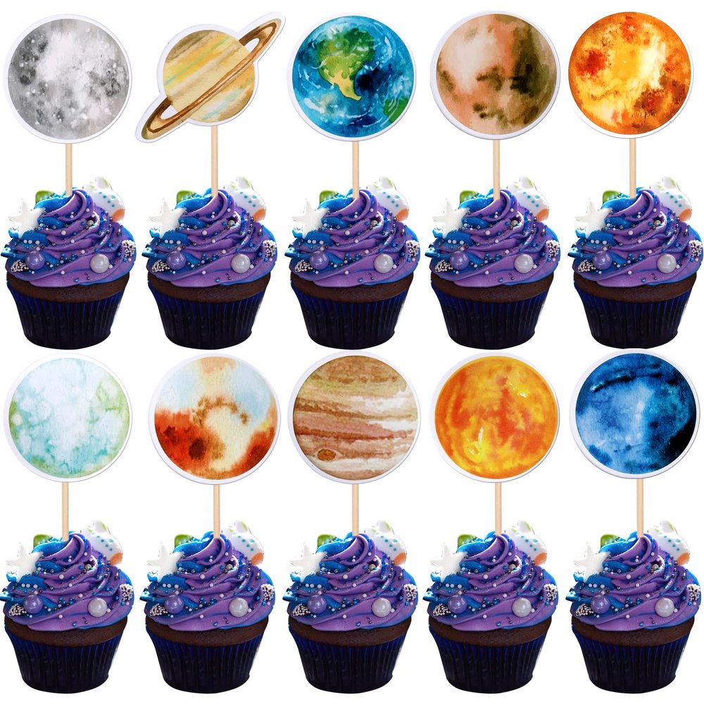 Rsstarxi 40 Pack Outer Space Cupcake Toppers Solar Eclipse Decorations Galaxy Universe Planets Cupcake Picks for Boys Girls Space Planet Themed Solar System Birthday Party Cake Decorations