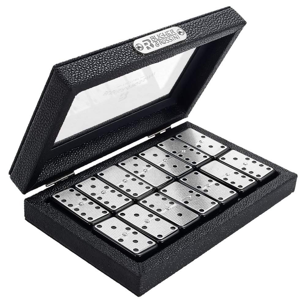 Bucher&Rossini Metal Surface Dominoes Set Double 6 - Classic Black Domino's Game Set with Silver Metal Surface for Adults and Kids Ideal Gift for Domino Players or Family Game Night