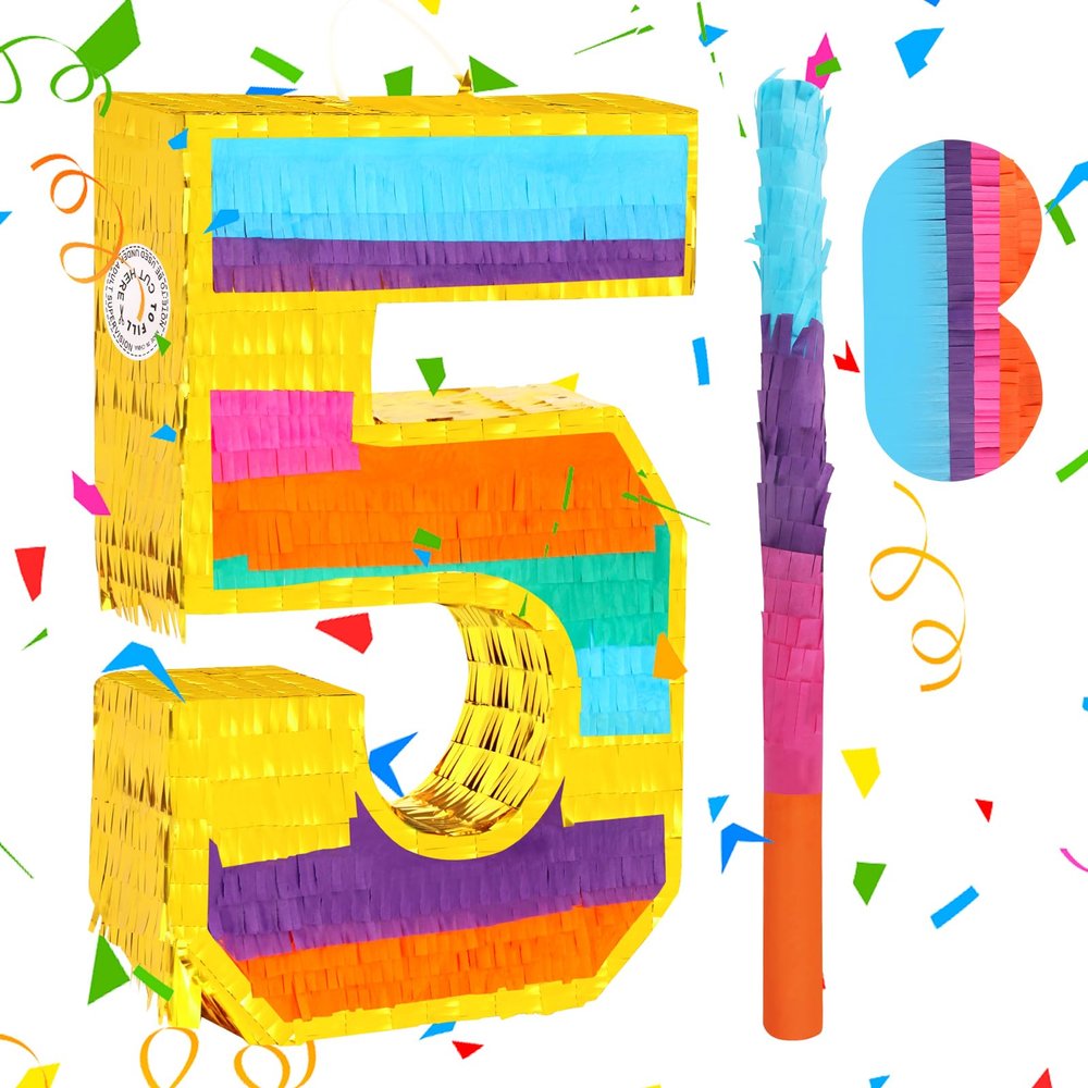 Rainbow Number 5 Pinata with a Blindfold and Bat for Boys Girls 5th Birthday Party, Kids Anniversary Celebration, Fiesta Supplies (16.1 x 10.6 x 3.2 Inches)