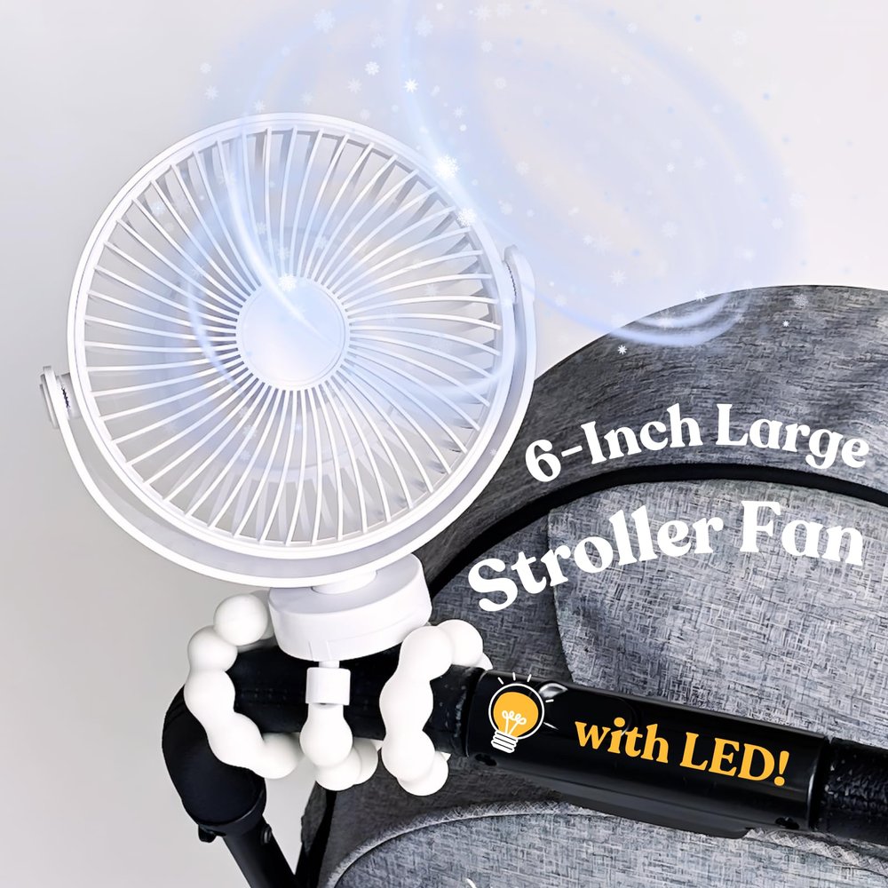 Portable Fan Clip on - 6-inch Rechargeable Fan for Baby Strollers, Car Seats & More; Stroller Accessories for Outings, 4800 mAh Battery for Camping, Gym, Beach (White)