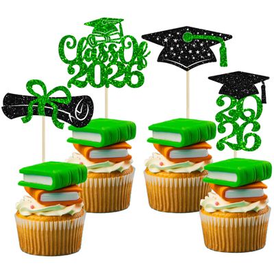 Ephlyn 24Pcs Graduation Cupcake Toppers Glitter Class of 2026 Diploma Grad Cap Cake Decorations 2026 Graduation Cupcake Picks for 2026 Theme Party Cake Decoration Supplies Green Black