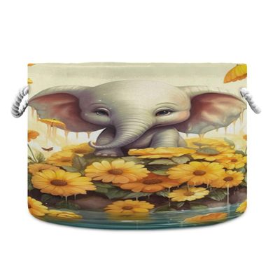 UMIRIKO Elephant Sunflower Animal Toy Storage Bin for Kids Dog Toy Storage Basket Round Canvas Organizer Basket Toy Hamper Laundry Hamper S0404347