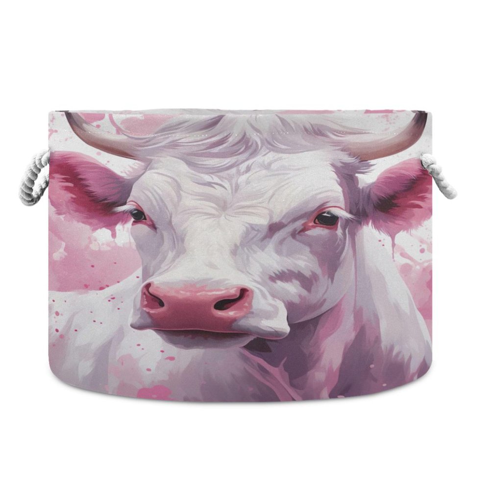 UMIRIKO Pink Cow Animal Toy Storage Bin for Kids Dog Toy Storage Basket Round Canvas Organizer Basket Toy Hamper Laundry Hamper S0403557