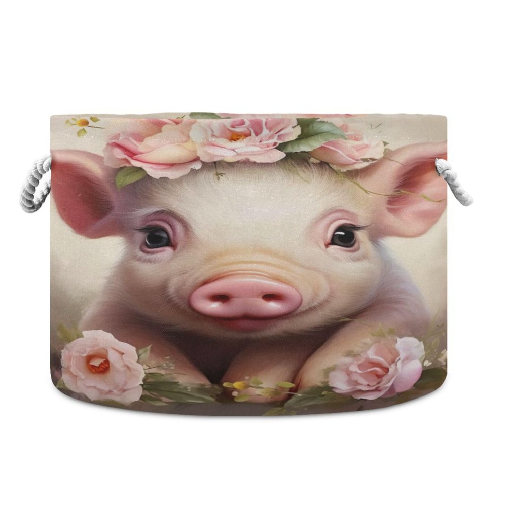 UMIRIKO Pig Flowers Animal Toy Storage Bin for Kids Dog Toy Storage Basket Round Canvas Organizer Basket Toy Hamper Laundry Hamper S0404524