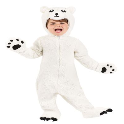 Arctic Polar Bear Costume for Toddlers - Shearling Fleece Bodysuit, Gloves, Shoe Covers, and Headpiece with Embroidery