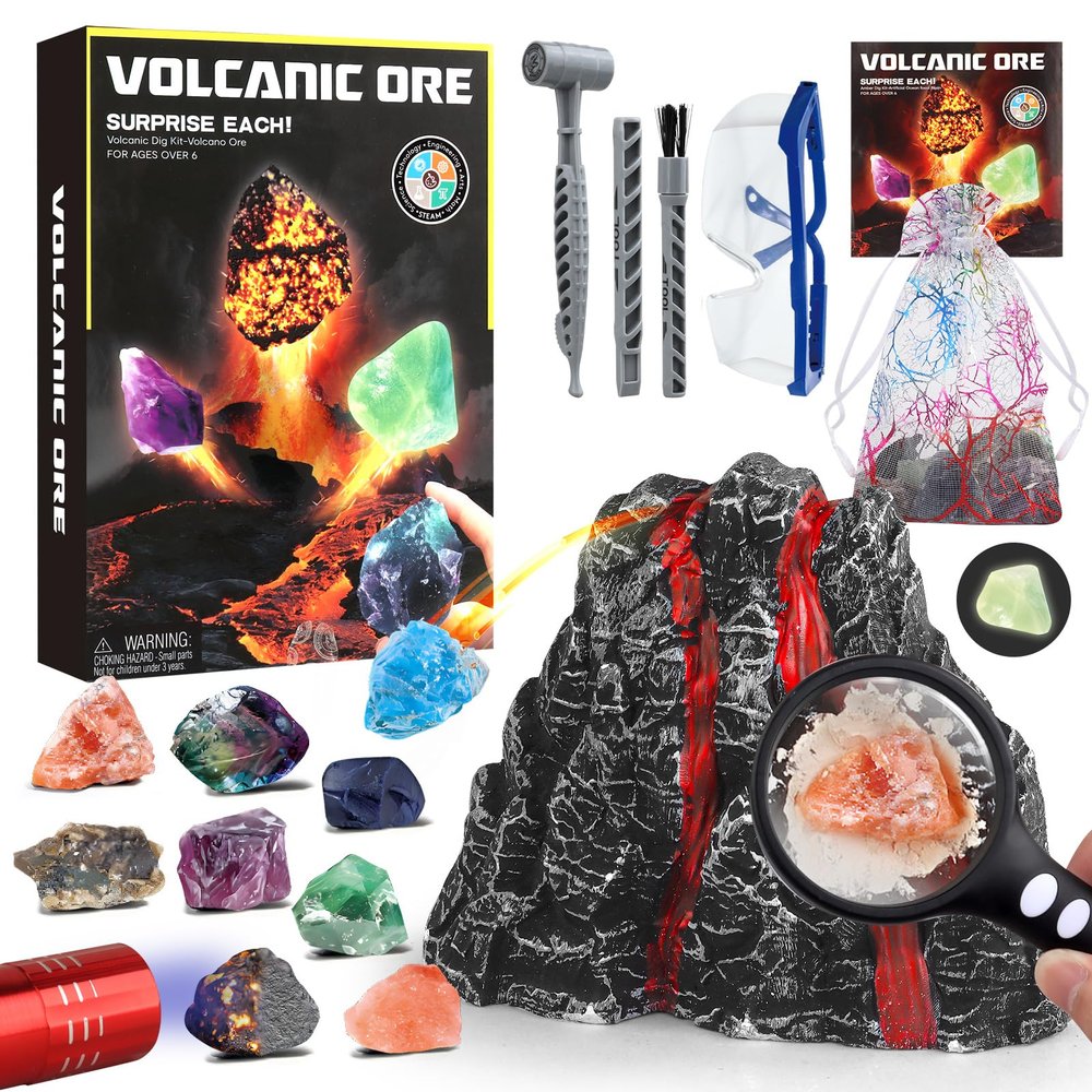 Woumserta Volcano Dig Kit - 10 Rocks Excavation Kit, Gemstone Rocks for Kids, Fossil Volcano Toys Dig Kits for Rocks Collection, Volcano Toys for Boys Girls 6 and up Year Old Birthday Gifts