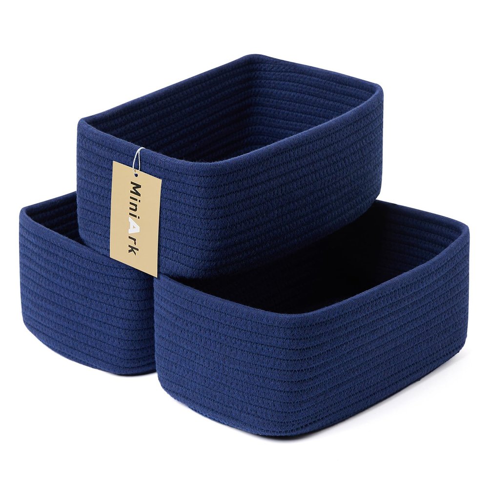 MiniArk Small Storage Baskets for Organizing | Closet Organizer Bins | Shelf Toy Basket | Woven Rope Baskets | Cube Decorative Box | Shallow Basket | 11.5x7.5x4.7 | 3 Packs Navy Blue