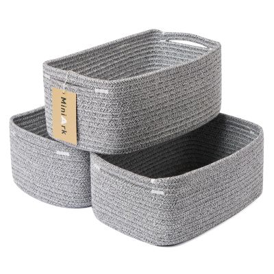 MiniArk Small Storage Baskets for Organizing | Closet Organizer Bins | Shelf Toy Basket | Woven Rope Baskets | Cube Decorative Box | Shallow Basket | 13x8.5x5.1 | 3 Packs Mixed Grey