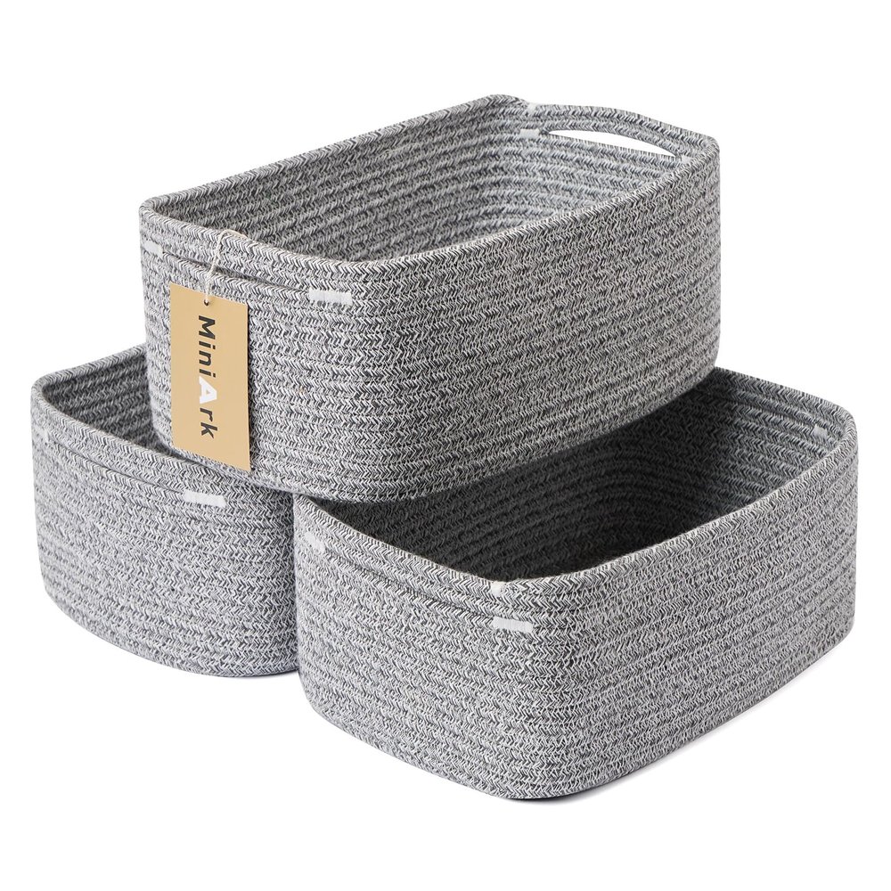 MiniArk Small Storage Baskets for Organizing | Closet Organizer Bins | Shelf Toy Basket | Woven Rope Baskets | Cube Decorative Box | Shallow Basket | 13x8.5x5.1 | 3 Packs Mixed Grey