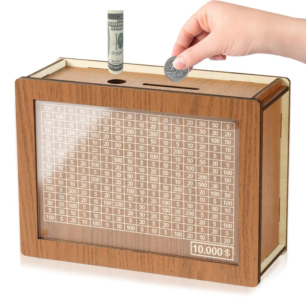 10000 Savings Challenge Box, Money Saver Box 10k Smash, Wooden Digital Save Piggy Bank for Adults Kids, Cash Vault Wooden Savings 10,000 Dollar, Caja De Ahorros, Cashbox Kakeibo