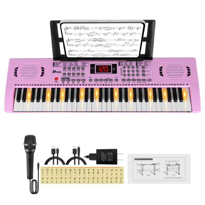 24HOCL Kids Piano Keyboard, 61 Lighted Keys Electric Digital Keyboard Piano Kit 100 Voices, 100 Rhythms with Microphone, Gift for Children, Pink