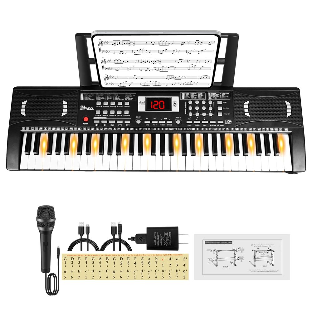 24HOCL Kids Piano Keyboard, 61 Lighted Keys Electric Digital Keyboard Piano Kit 100 Voices, 100 Rhythms with Microphone, Gift for Children, Black