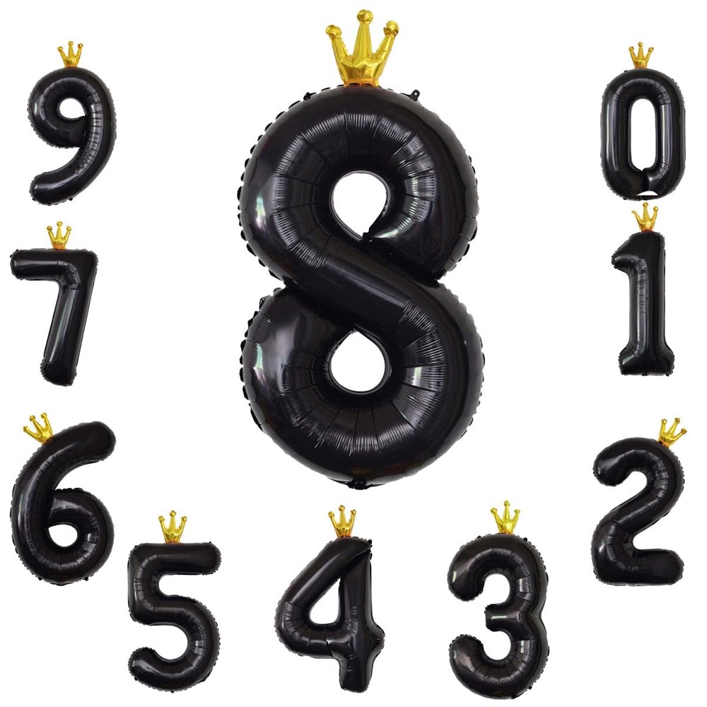 40 Inch Number 8 Crown Black Number Balloon, Black Big Conjoined Foil Helium Number Eight Jumbo Balloon for Boys Girls Women Men's Birthday Party or Anniversary Events Decorations