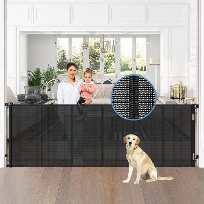 Reinforced 75 Wide Retractable Baby Gates with Support Rods, Retractable Dog Gate for The House Extra Wide Mesh Pet Gate Indoor Outdoor Child Gates for Doorways Stair Gates for Kids or Pets (Black)