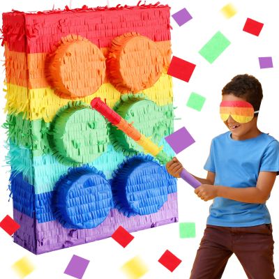 Hollowfly 20 Inches Large Piata for Birthday Party with a Blindfold and Bat Piata Birthday Party Decorations for Kids Anniversary Game Supplies(Building Block)