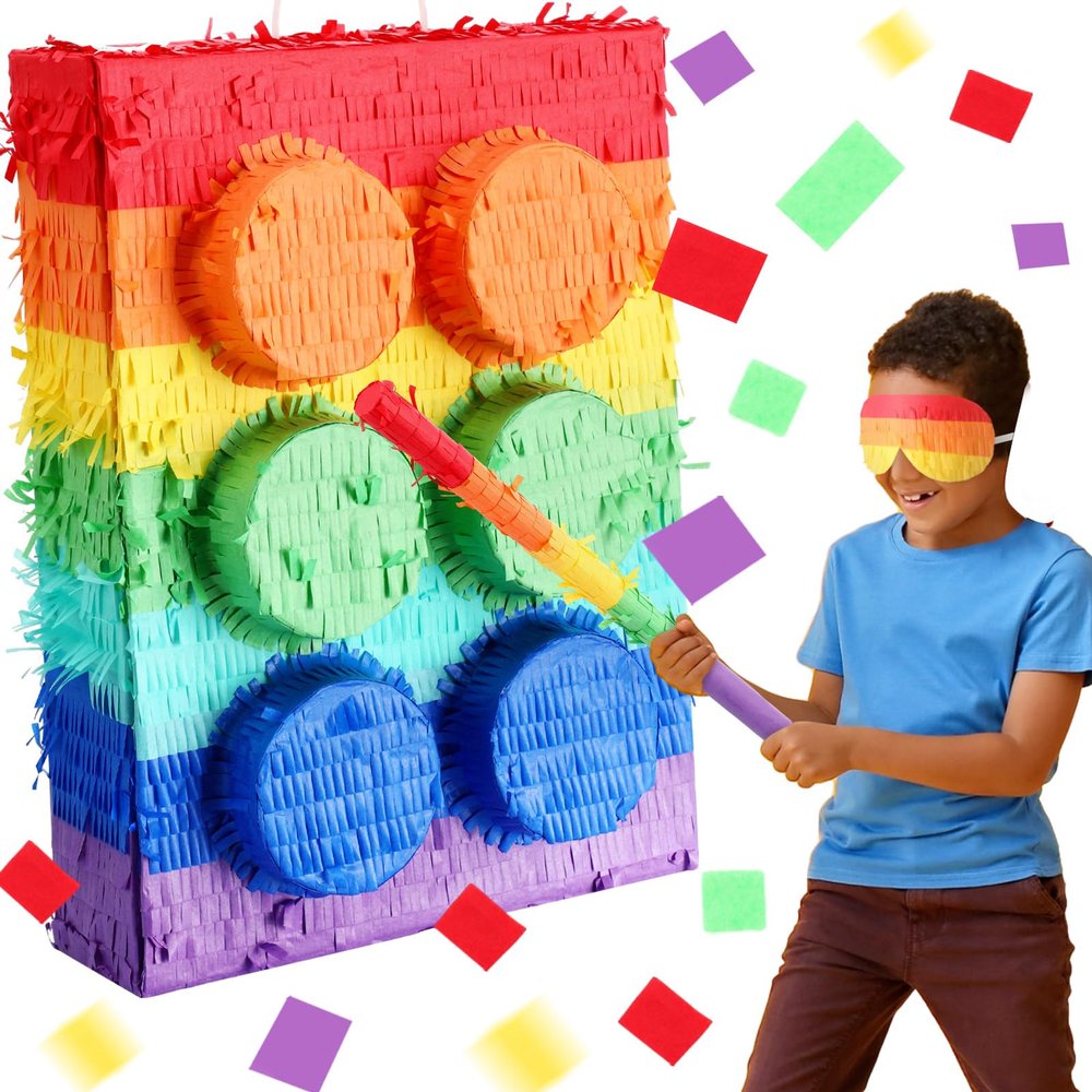 Hollowfly 20 Inches Large Piata for Birthday Party with a Blindfold and Bat Piata Birthday Party Decorations for Kids Anniversary Game Supplies(Building Block)