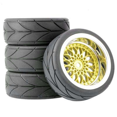 LAFEINA 4PCS/Set 64mm Rubber Tires & Plating Plastic Wheels Rims Replacement Part for 1/10 RC On-Road Touring Car Racing Car (Gold, Offset 9mm)