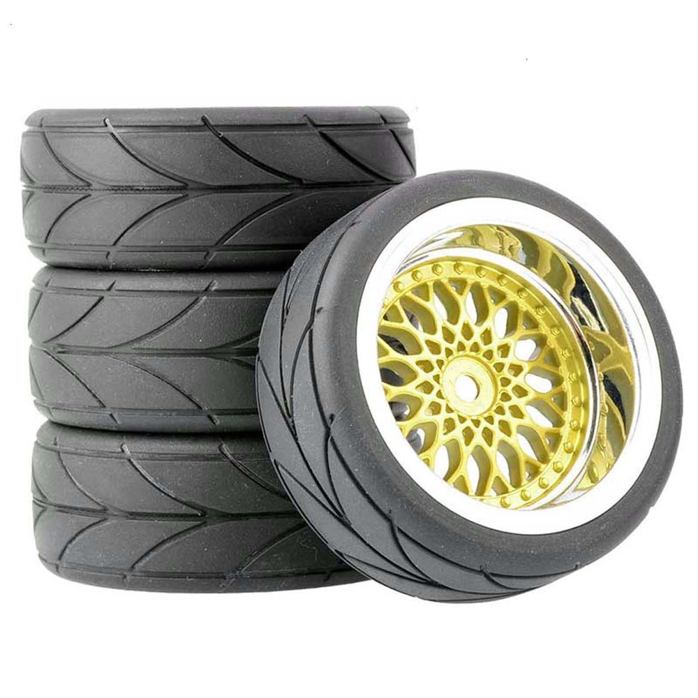 LAFEINA 4PCS/Set 64mm Rubber Tires & Plating Plastic Wheels Rims Replacement Part for 1/10 RC On-Road Touring Car Racing Car (Gold, Offset 9mm)