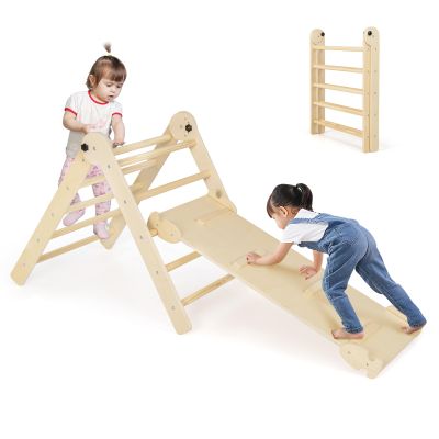 HONEY JOY Climbing Toys for Toddlers, 4 in 1 Foldable Wooden Montessori Kids Triangle Climber, Double Side Ramp & Climber, Baby Learning Indoor Climbing Ladder Gym for Boys Girls (Natural)